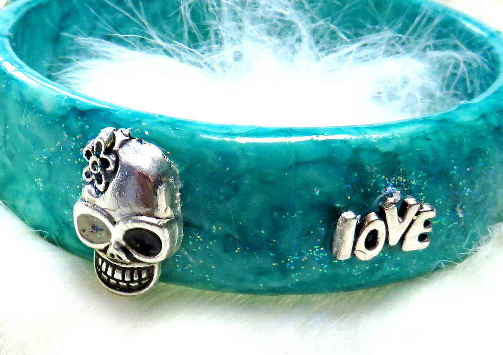 Light Teal Blue Bangle, Bracelet with Skulls and Love Charms