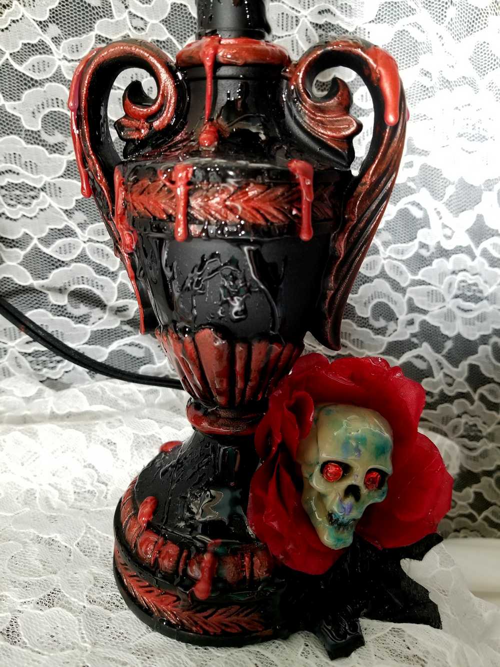 2 Lamps with Fake Blood Splattered on Lamp Shade, Skull Head in a Red Rose