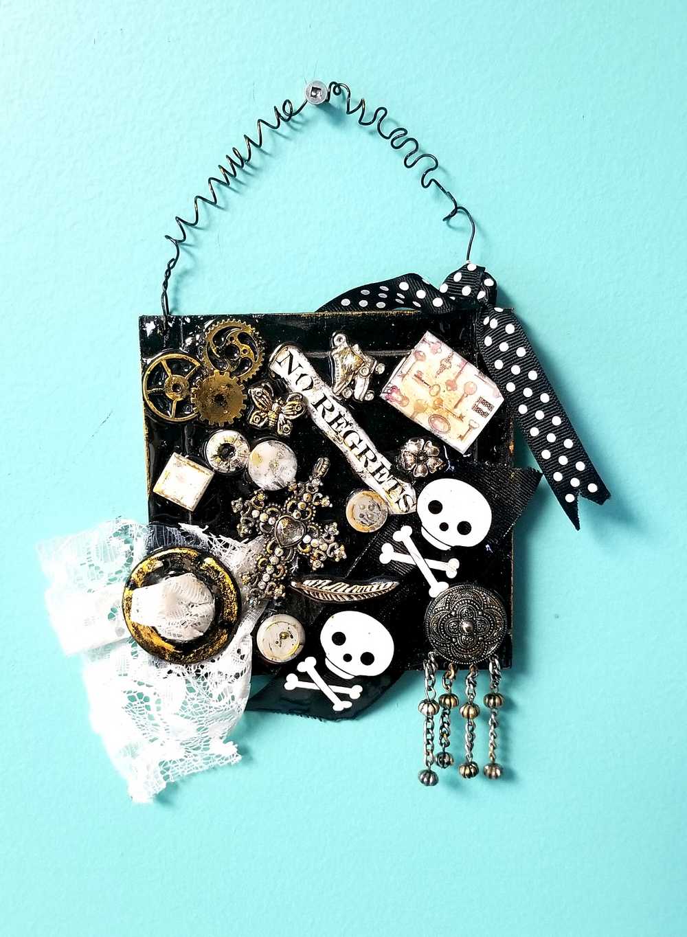 Black Skull & Bones Wall Plaque with Curly Wire Ribbon "No Regrets" Goth Punk Decor Goth Punk Decor