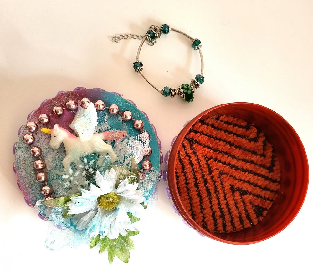 Recycled Round Jewelry Box with a Flying Pink Unicorn and a Daisy