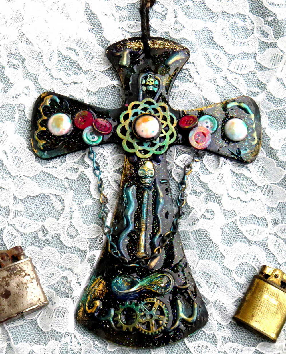 Wooden Cross with Chains, Buttons, Rhinestones, Gears and Skulls