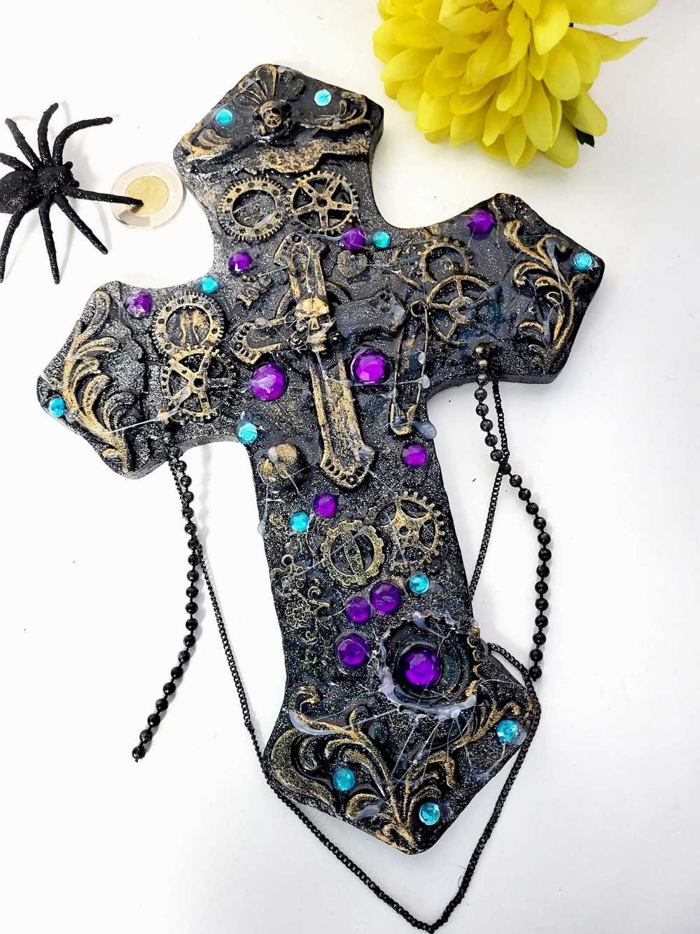 Altered Cross Made of Plaster with Skulls, Gears and Chains