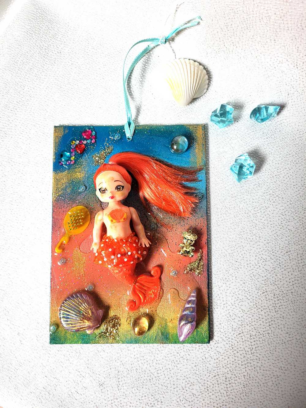 18L x 13W Orange Haired Mermaid Doll on Canvas, Art for The Kid's Room