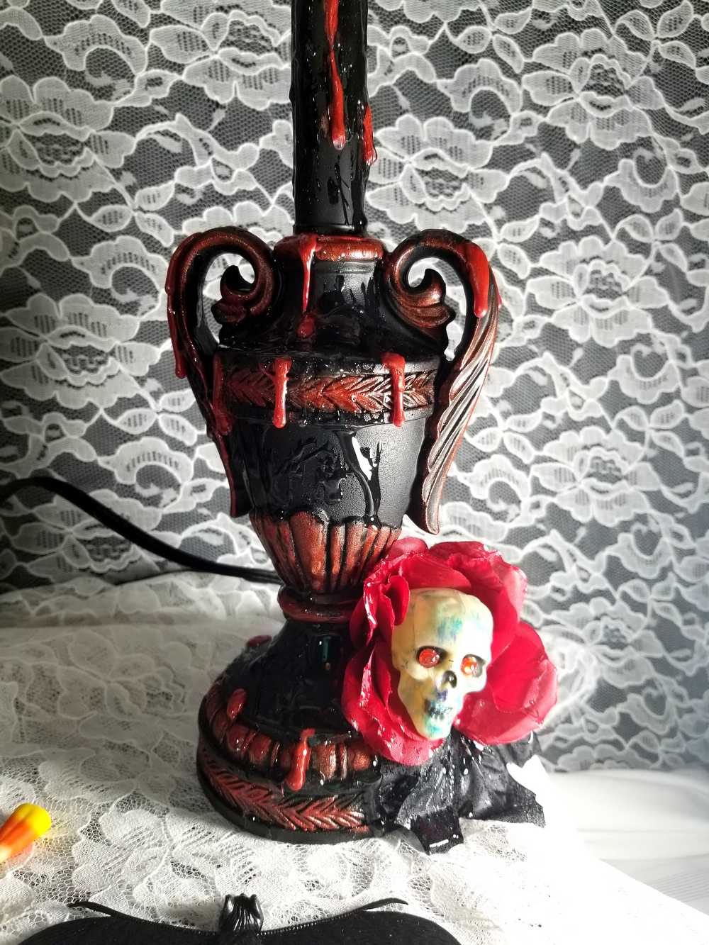 2 Lamps with Fake Blood Splattered on Lamp Shade, Skull Head in a Red Rose