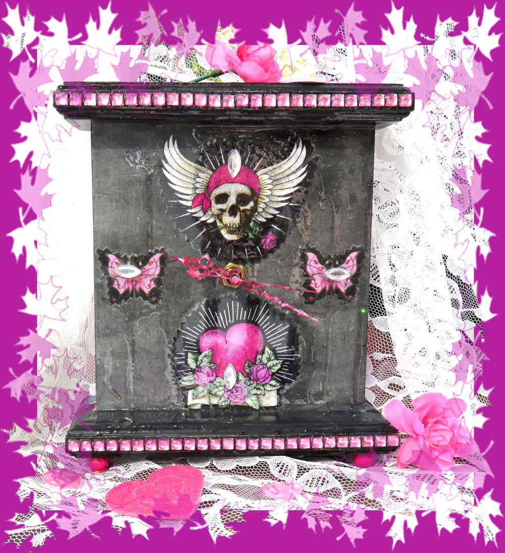 Black and Pink Mantel Clock with Fabric Skull with Wings