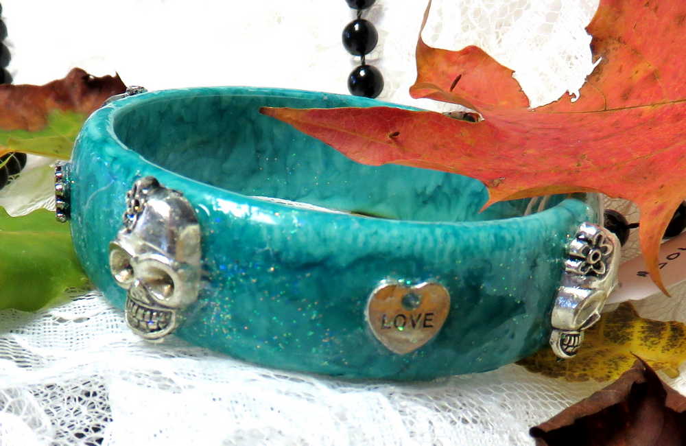 Light Teal Blue Bangle, Bracelet with Skulls and Love Charms