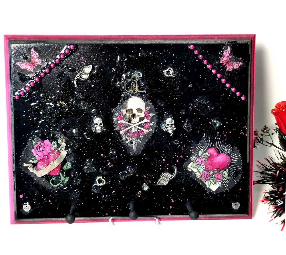 Black Goth Wall Plaque with a Skull with a Sword, Glass and Pink Butterflies