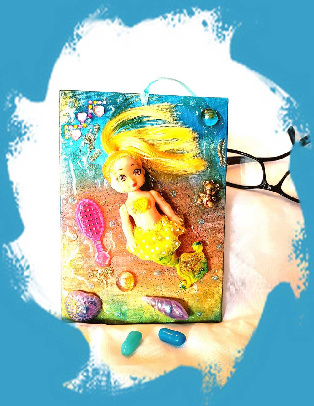 18L x 13W cm Canvas with Blond Mermaid Doll, Wall Hanger for Child's Room