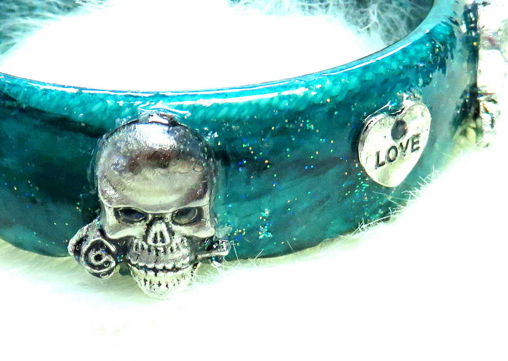 Dark Teal Bangle with Skulls and Hearts