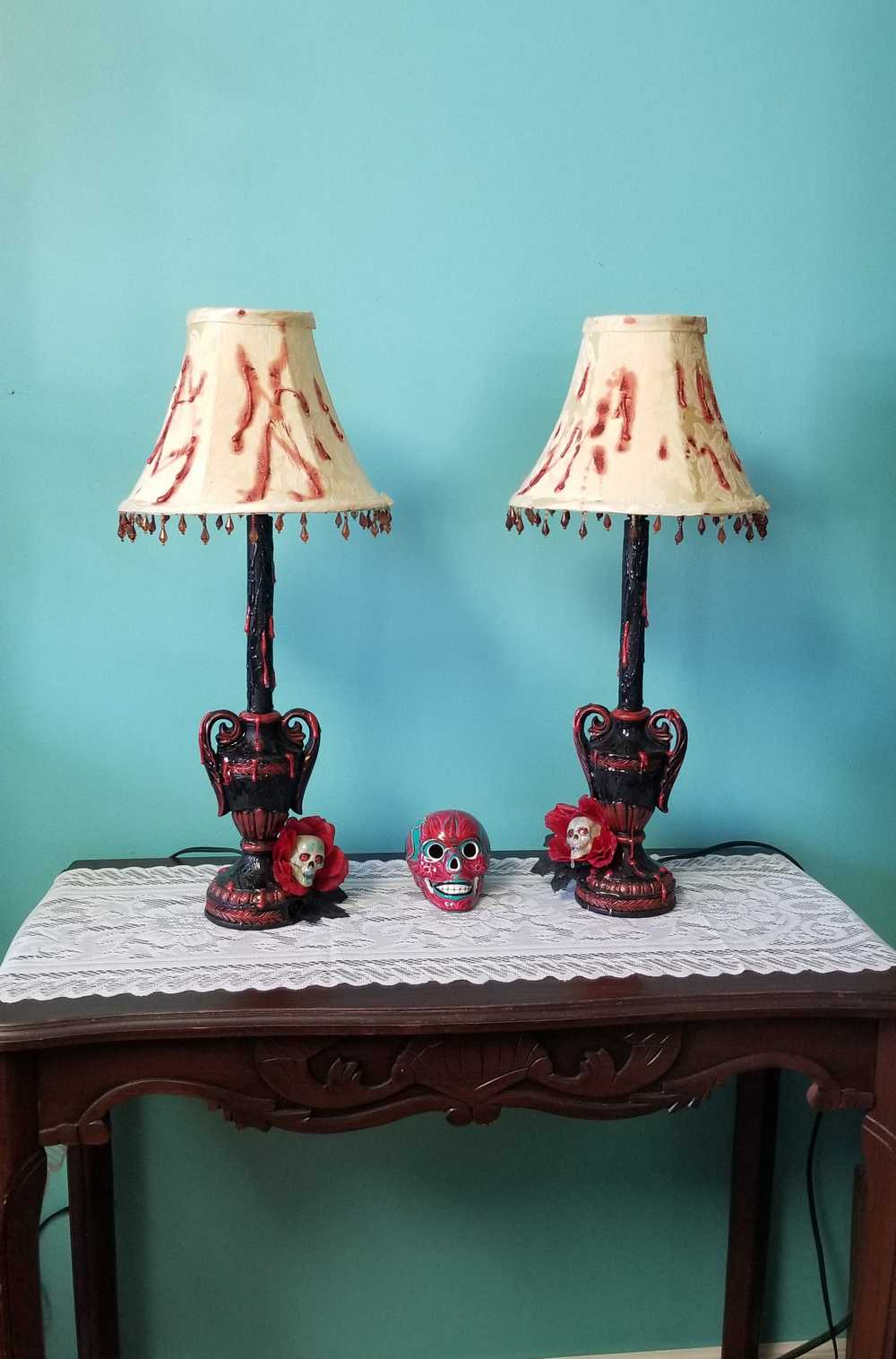 2 Lamps with Fake Blood Splattered on Lamp Shade, Skull Head in a Red Rose