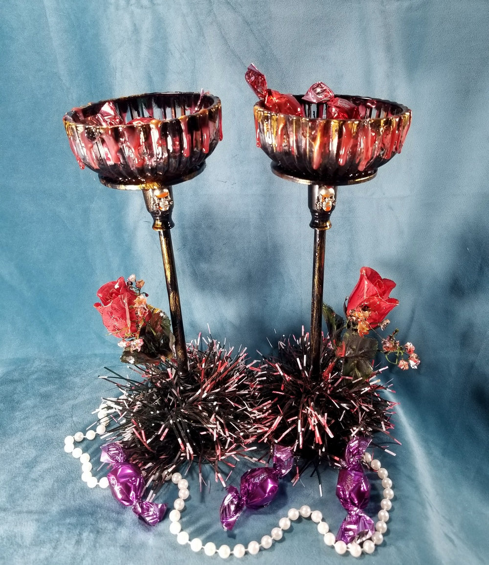 Tall Glass Candy Dishes with Red Roses and Babies Breath