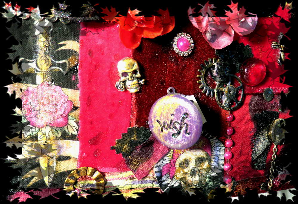 Pink and Burgundy Patchwork Wall Decor with Fabric, Skull and Bones