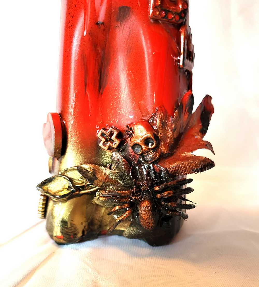 Glass Cat Vase, Red and Black Flowers with Skull and Snake