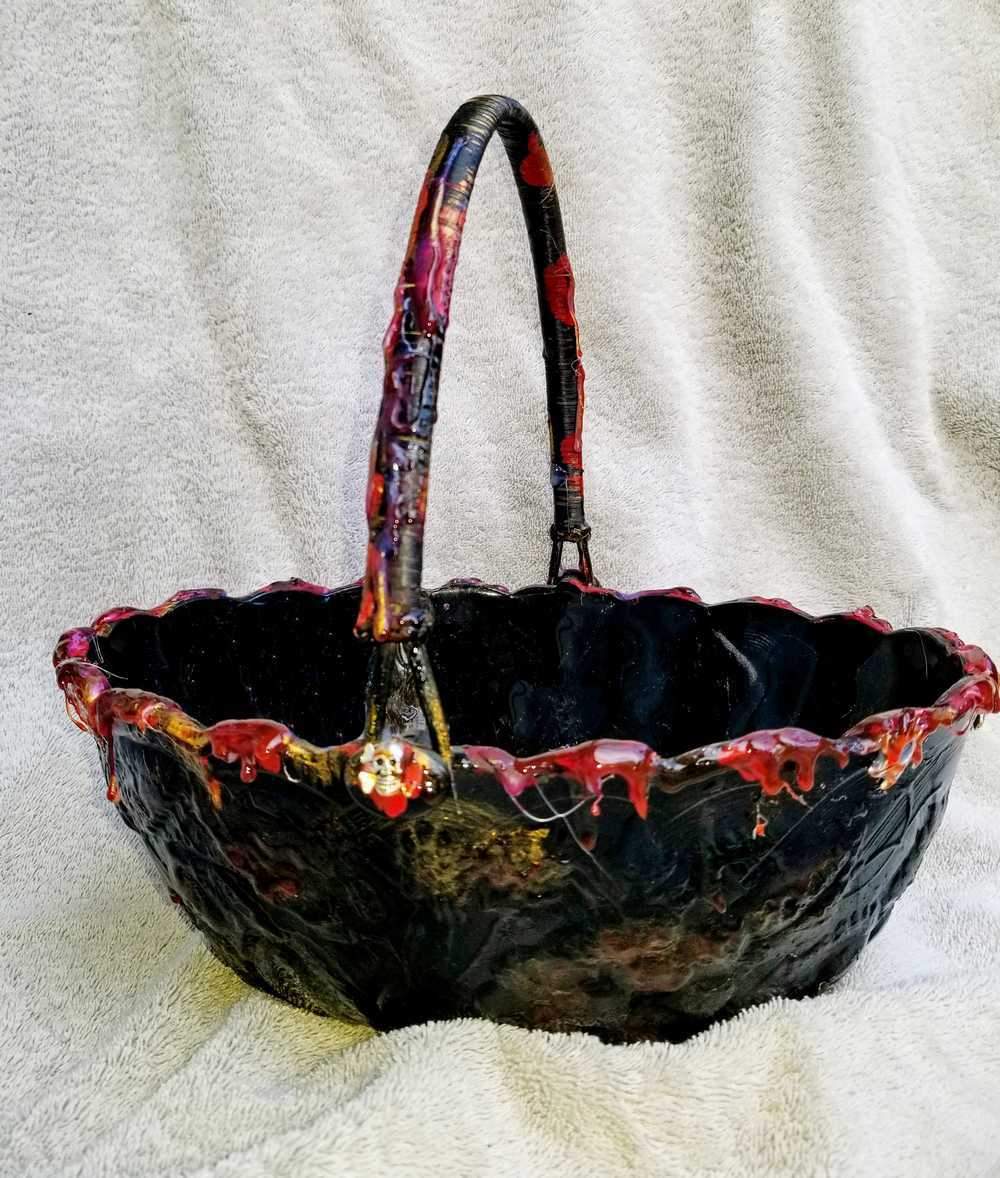 Goth Altered Vintage Glass Fruit Bowl With Handle and Skull