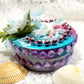 Recycled Round Jewelry Box with a Flying Pink Unicorn and a Daisy