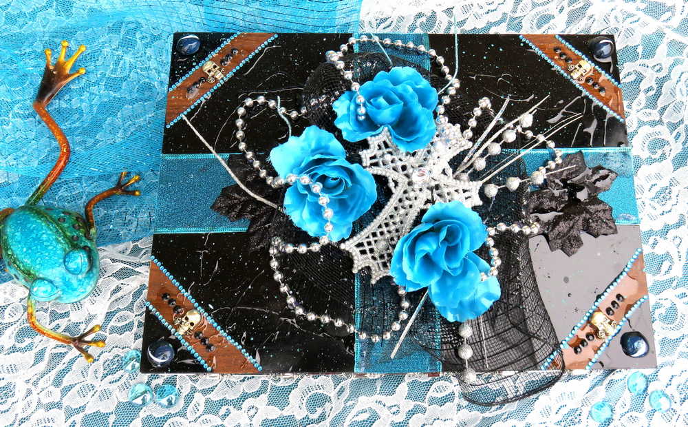 Black and Teal Jewelry Box with  3D Teal Roses, a White Cross and Skull Charms