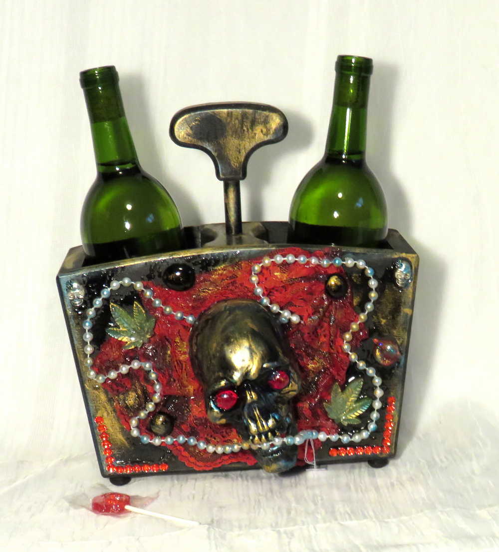 Double Wooden Wine Box, Carrier, Holds 2-750ml Bottles, With Skull and Red Lace