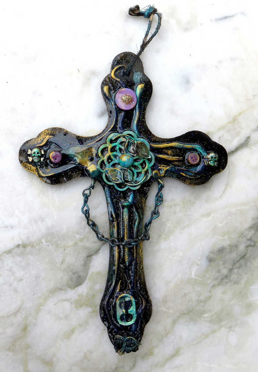 Altered Goth Wooden Cross with Skulls, Chains and Pink Buttons