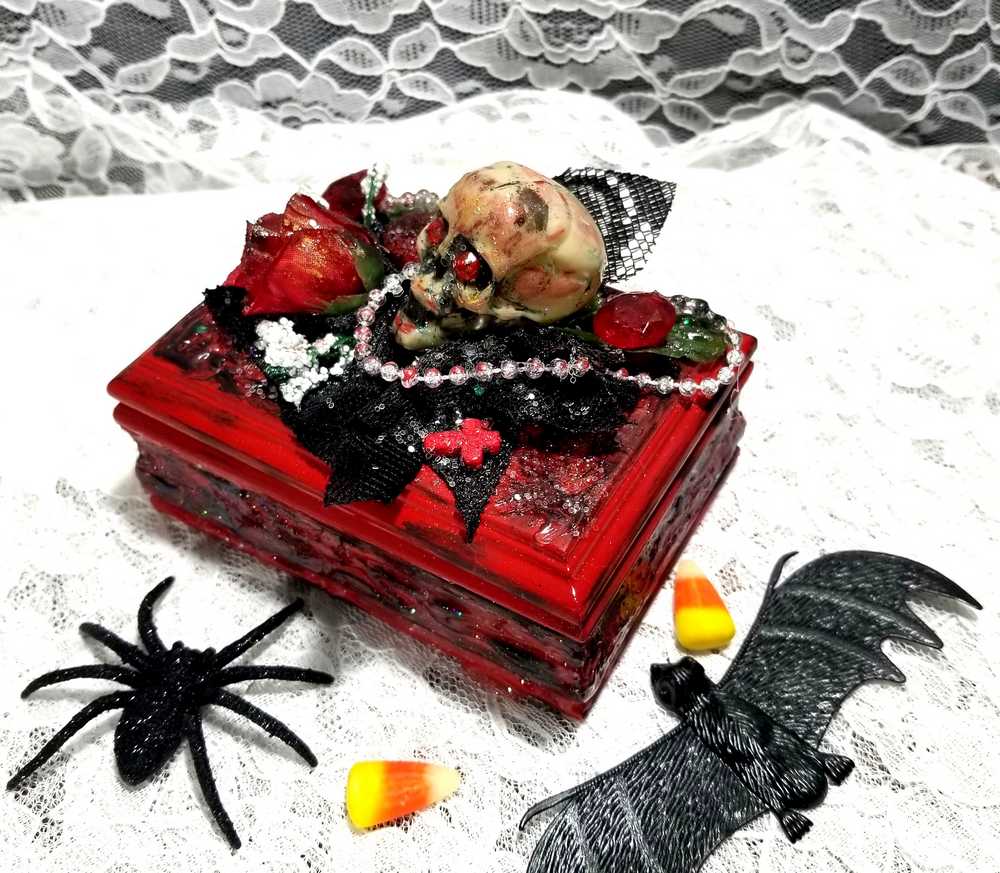 Small Red and Black Jewelry Box with a Skull and a Red Rose