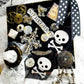 Skull & Bones Wall Plaque in Black & Gold, with Curly Wire Ribbon "No Regrets"