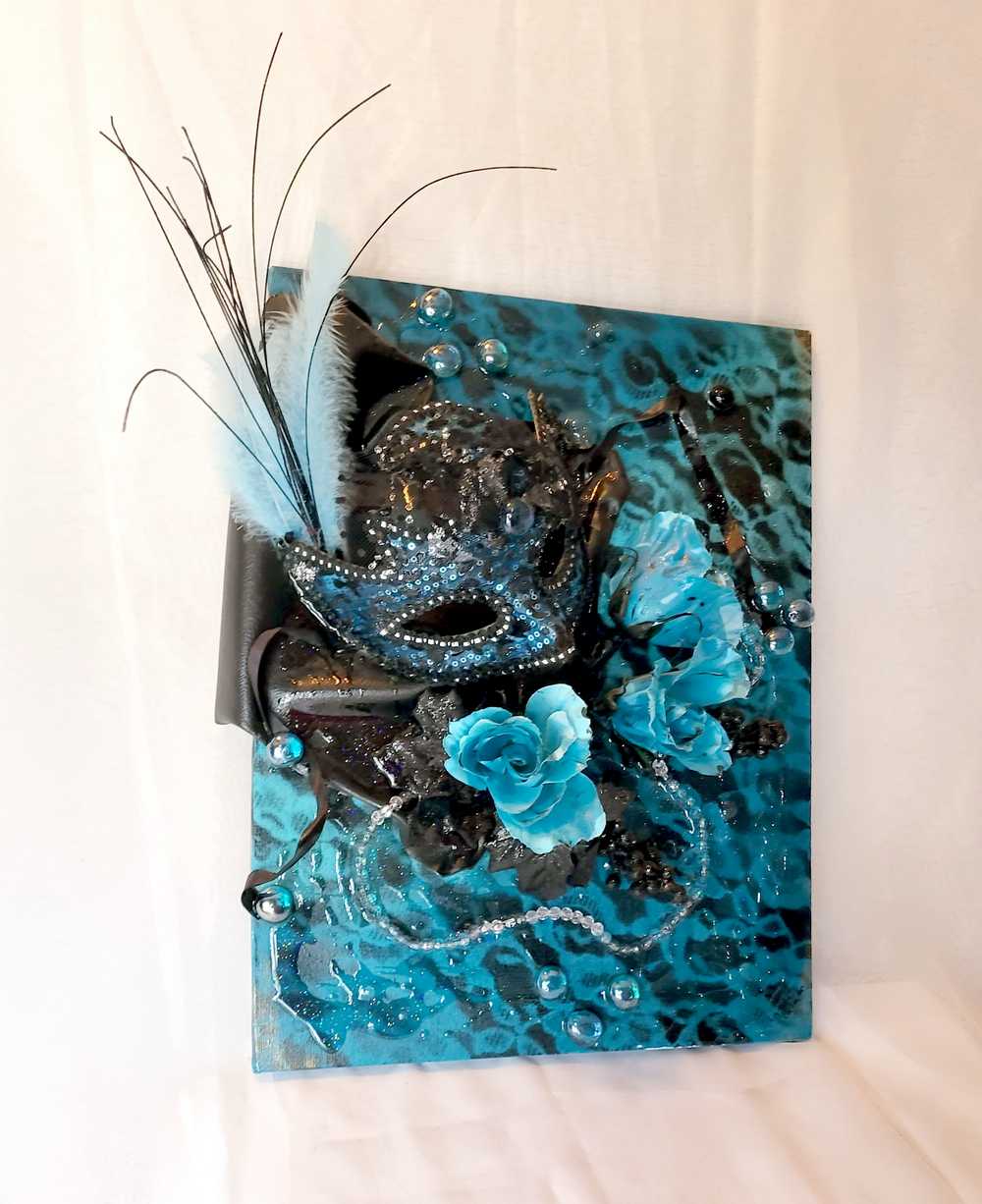 3D Canvas Art with Sexy Teal Blue Mask and Teal Blue Roses, 30 x 40 x 15 cm