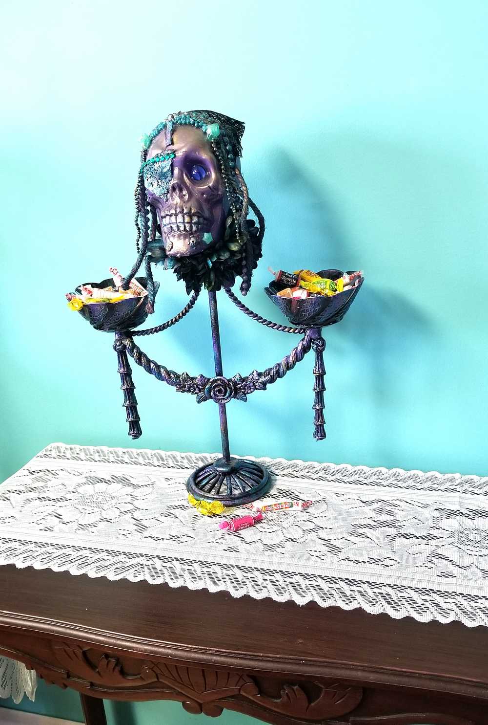 Purple Skull on Decorative Stand with Two Glass Candy Dishes