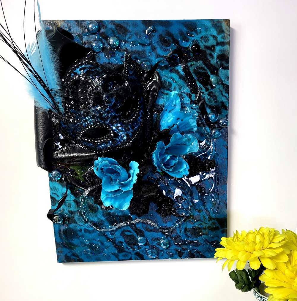 3D Canvas Art with Sexy Teal Blue Mask and Teal Blue Roses, 30 x 40 x 15 cm