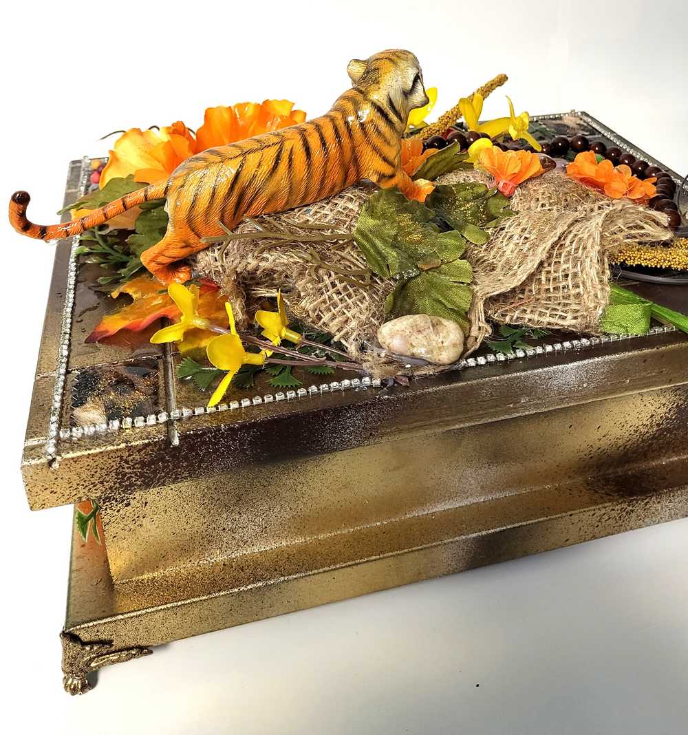 Jewelry Box with Orange & Yellow Flowers and a Tiger, Safari Themed