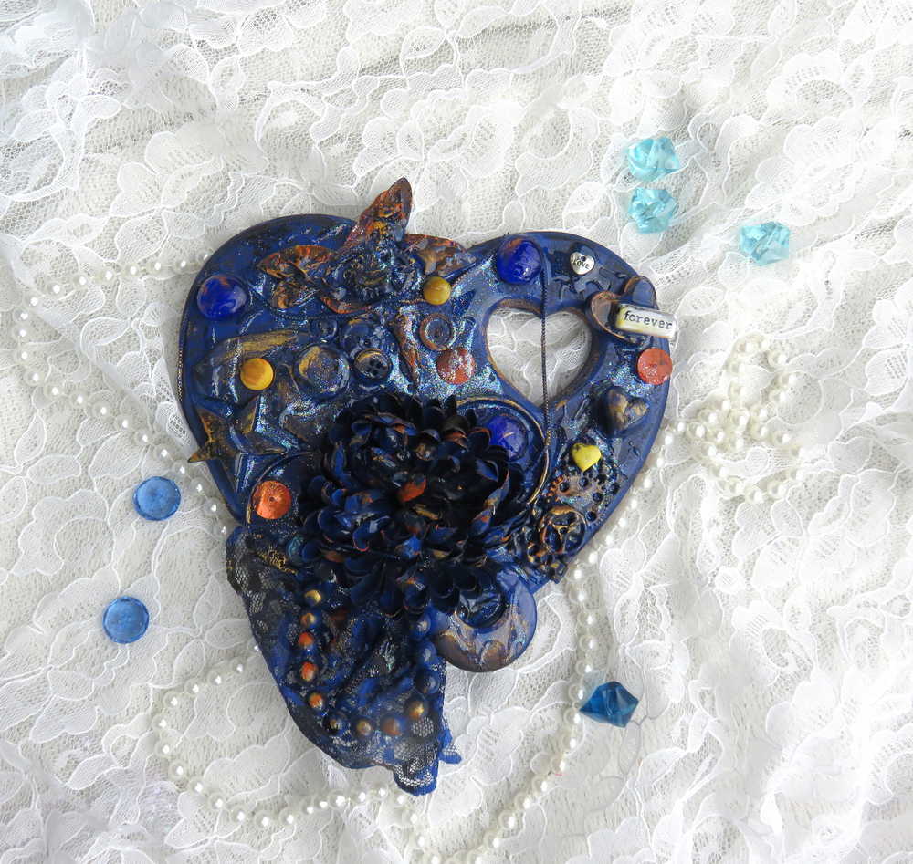 Deep Blue Wooden Heart Wall Plaque with Flowers, Recycled Jewelry, Gears and a Hummingbird