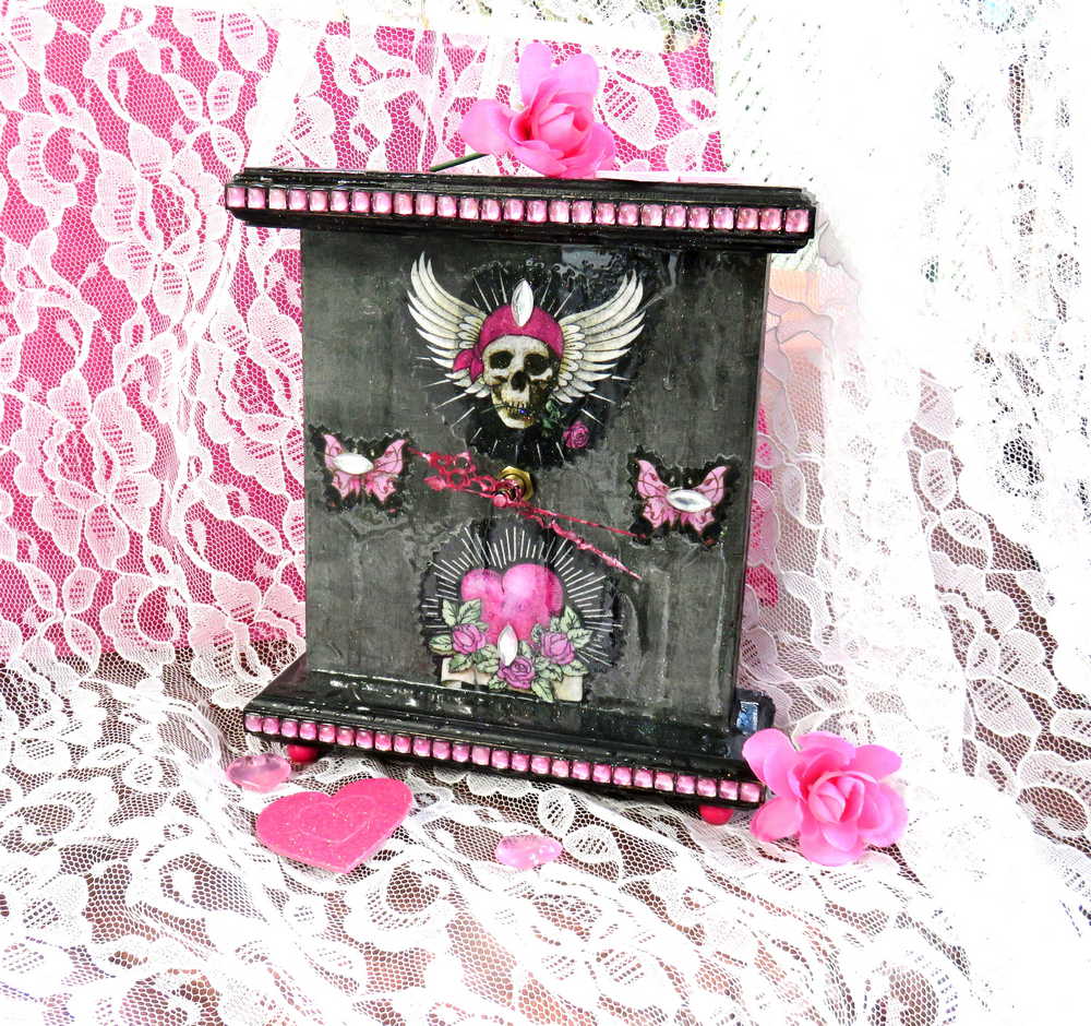 Black and Pink Mantel Clock with Fabric Skull with Wings