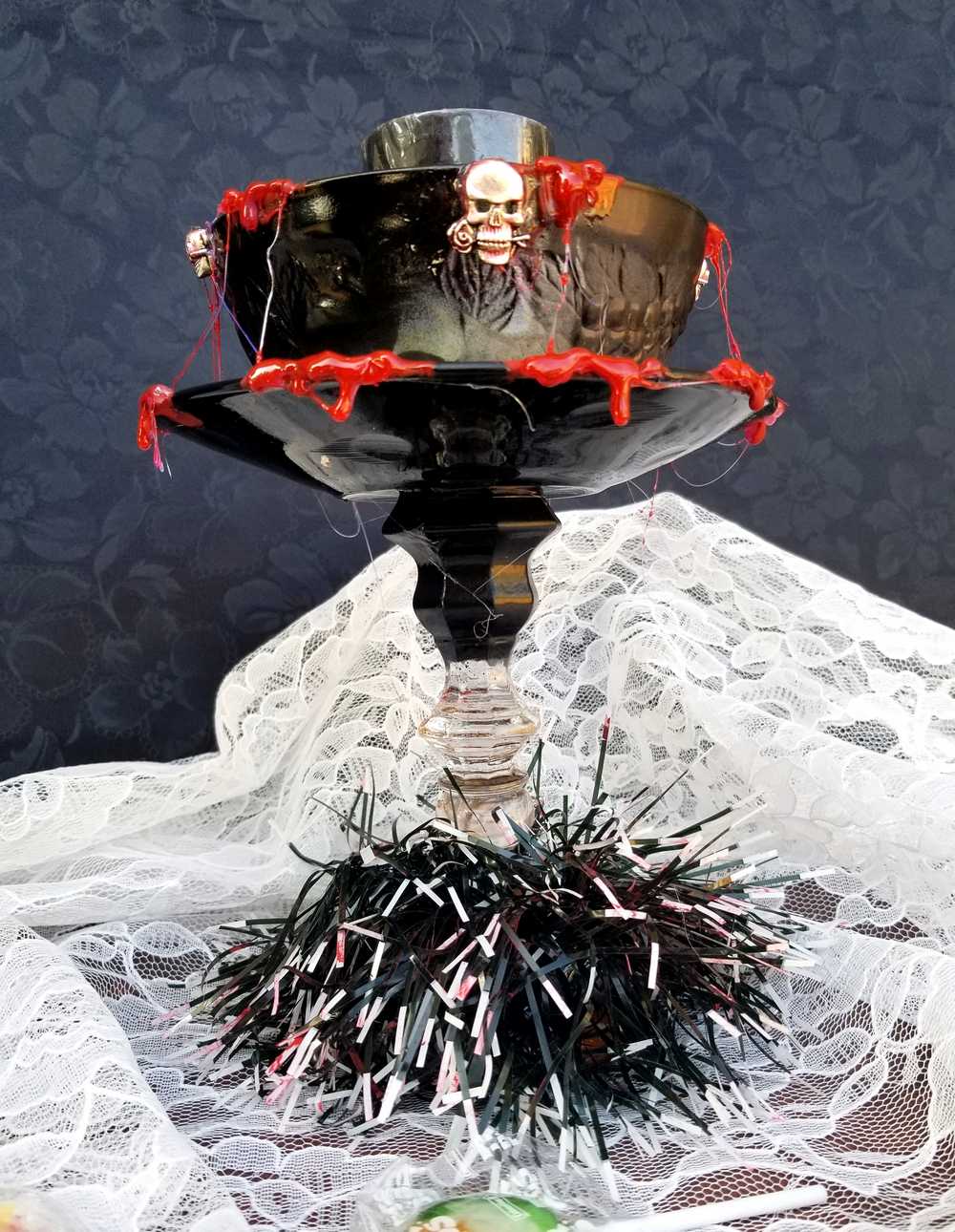 Altered Black Glass Candy Dish or Candle Holder with Fake Blood