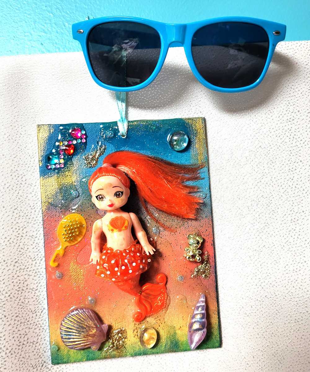 18L x 13W Orange Haired Mermaid Doll on Canvas, Art for The Kid's Room