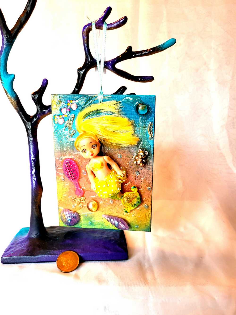 18L x 13W cm Canvas with Blond Mermaid Doll, Wall Hanger for Child's Room