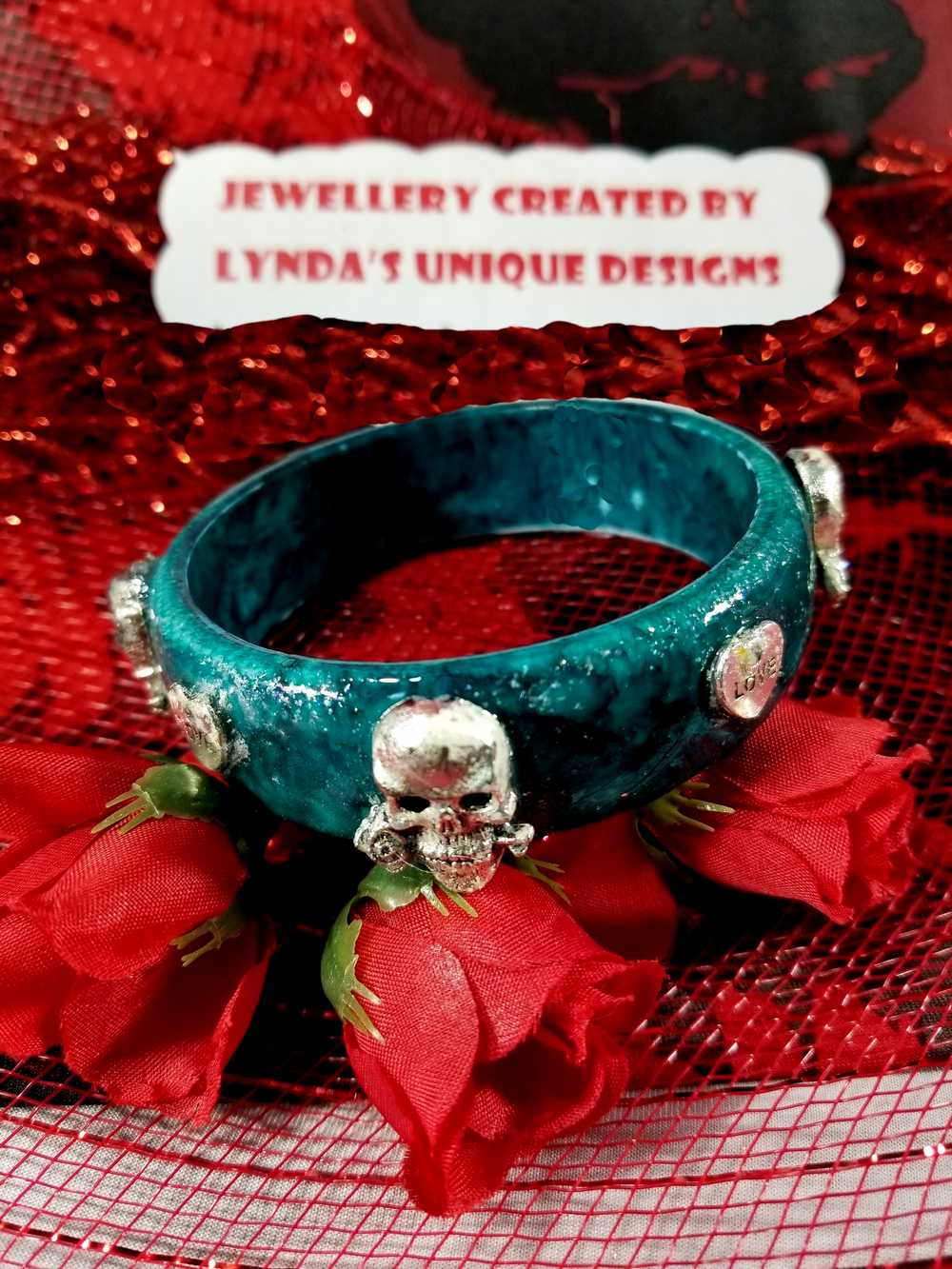 Dark Teal Bangle with Skulls and Hearts