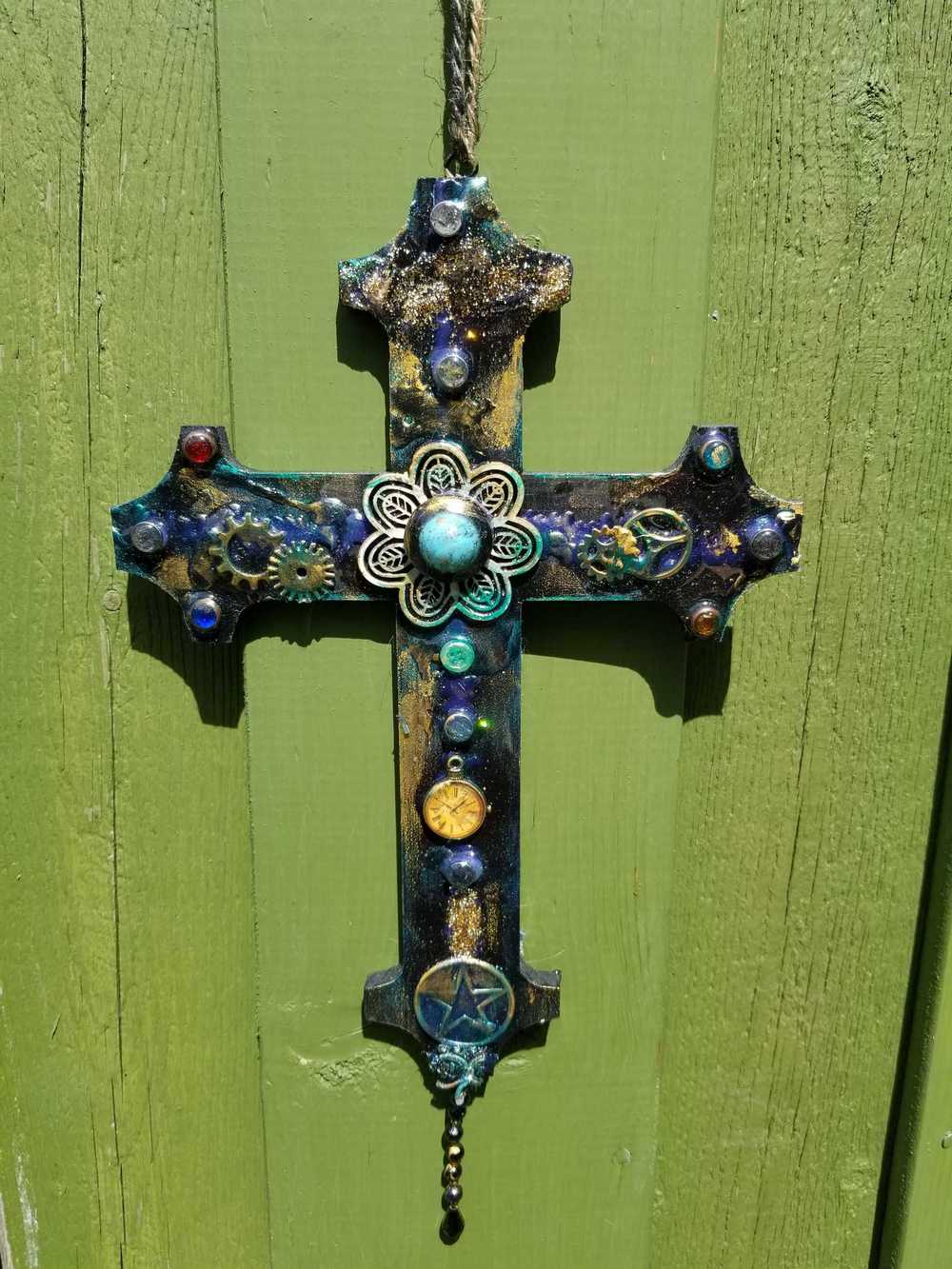 Altered Wood Goth Cross with Blue Stone and Gems