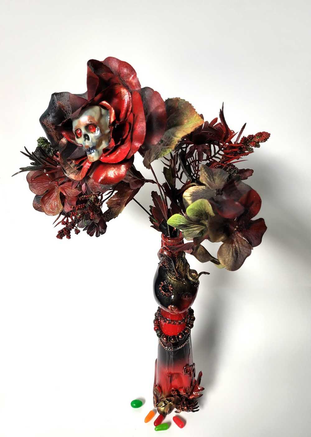 Glass Cat Vase, Red and Black Flowers with Skull and Snake