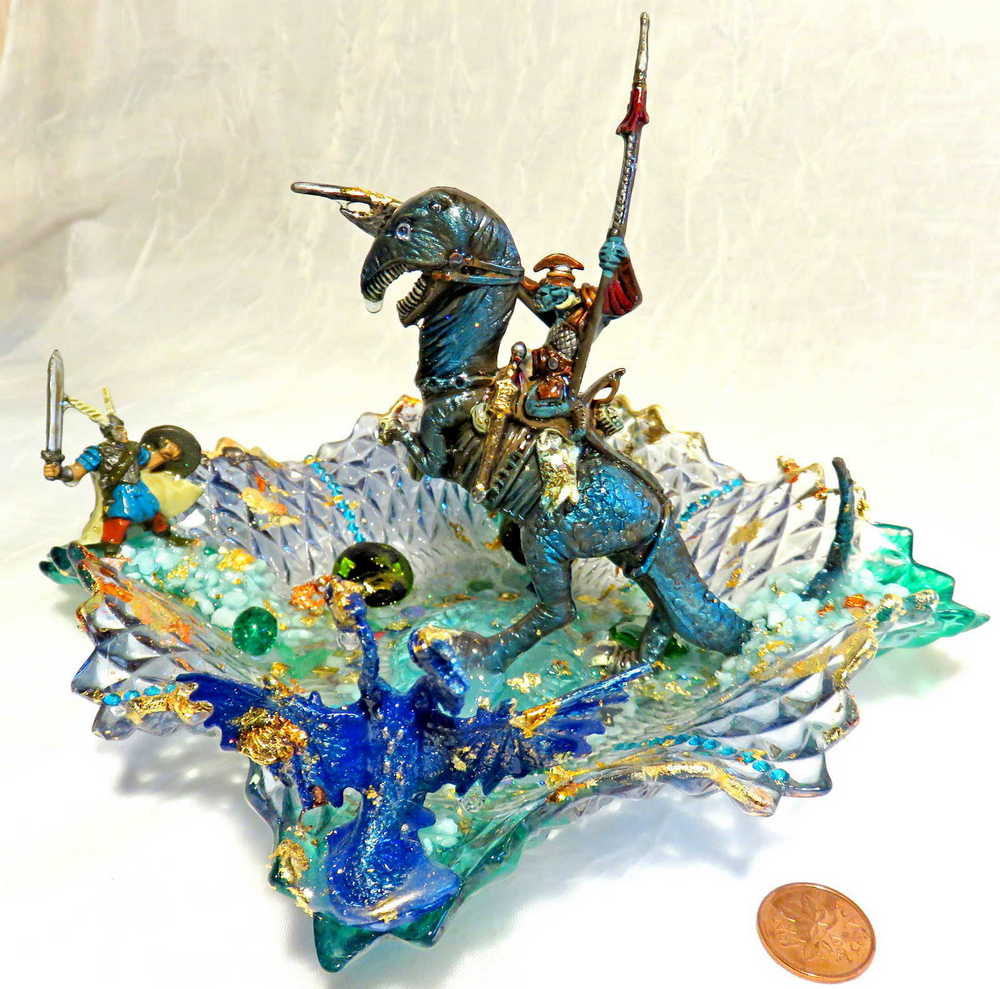 Mutant Troll Warrior Riding a T Rex in a Glass Vintage Dish, Collector Piece 