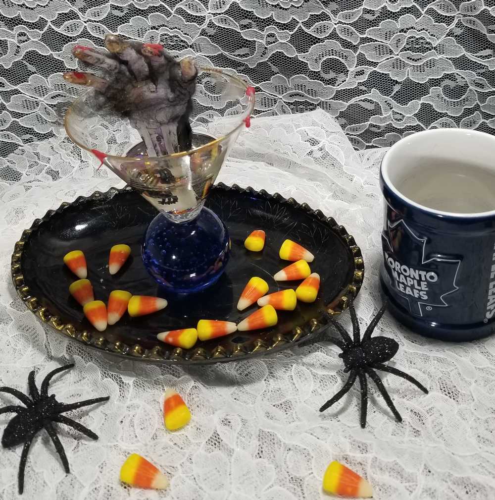 Creepy, Ghostly, Candy Dish, with Skeleton Hand in Resin, Blue Glass