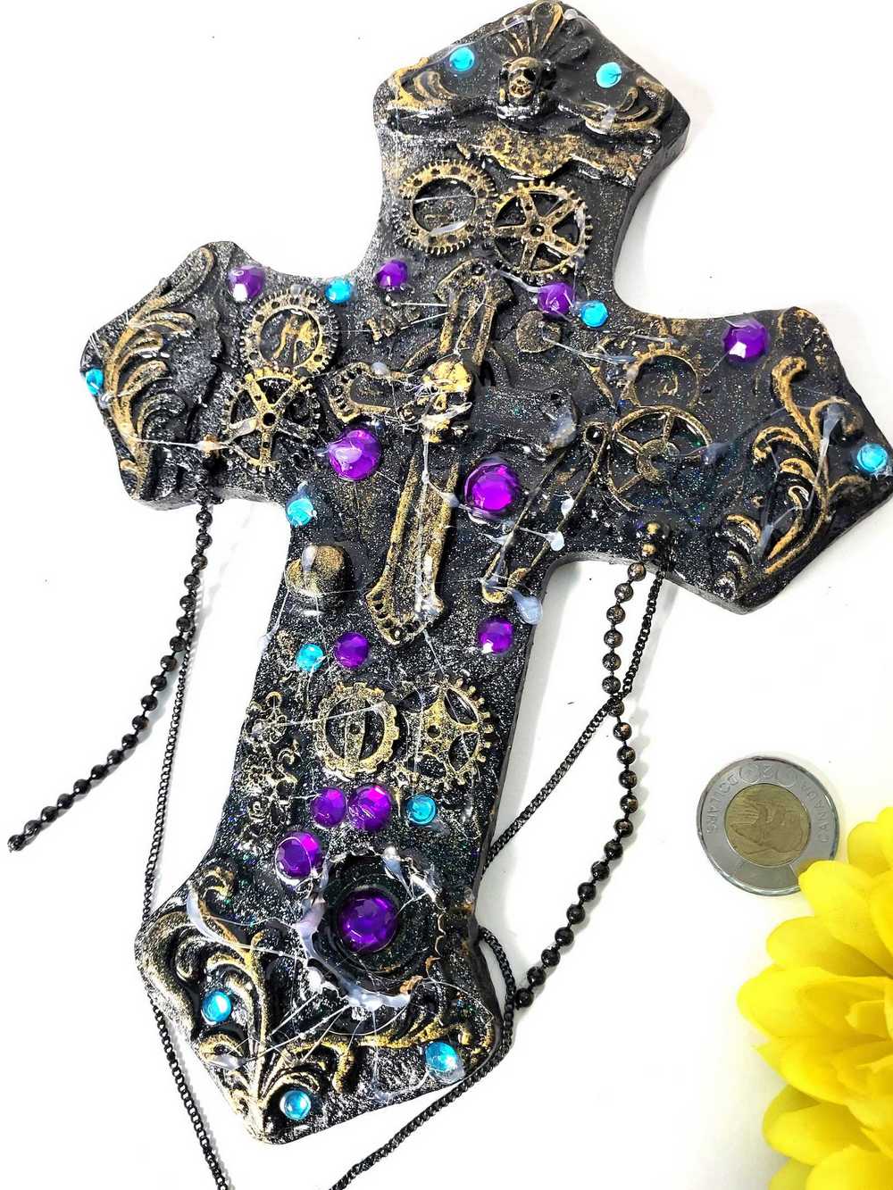 Altered Cross Made of Plaster with Skulls, Gears and Chains