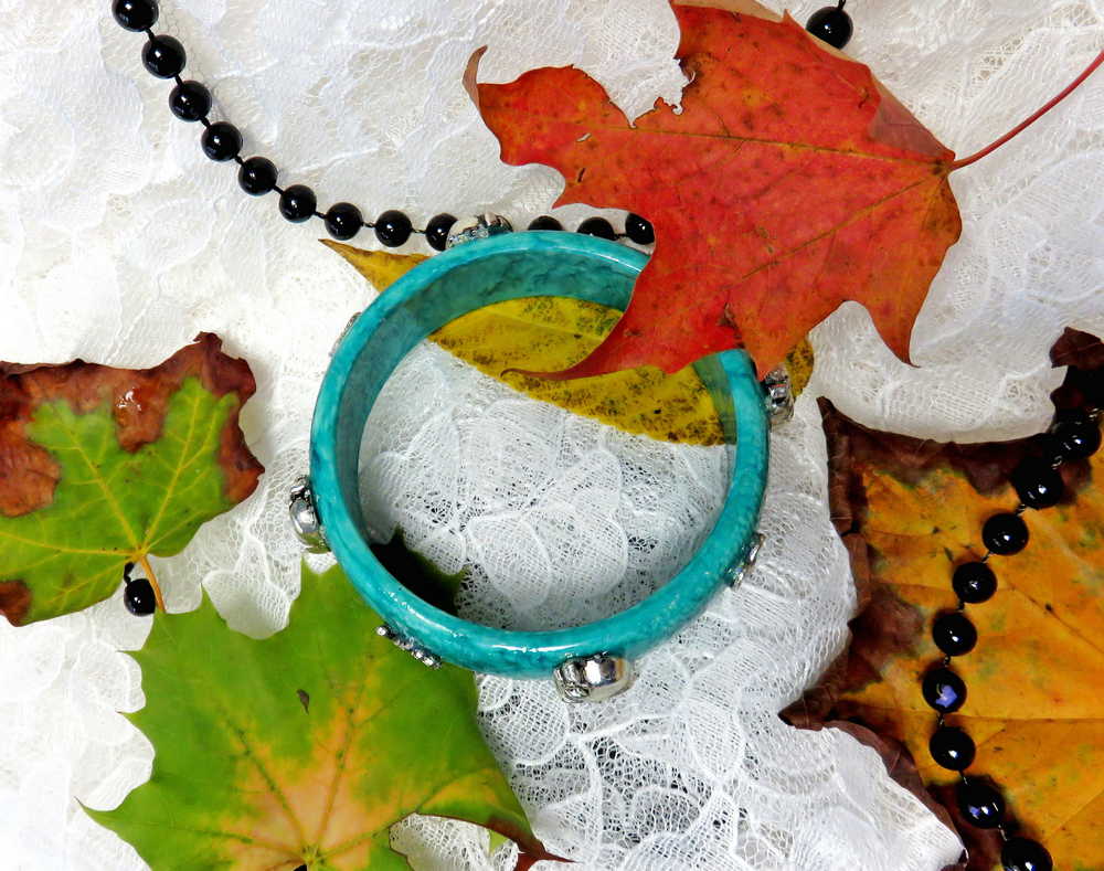 Light Teal Blue Bangle, Bracelet with Skulls and Love Charms