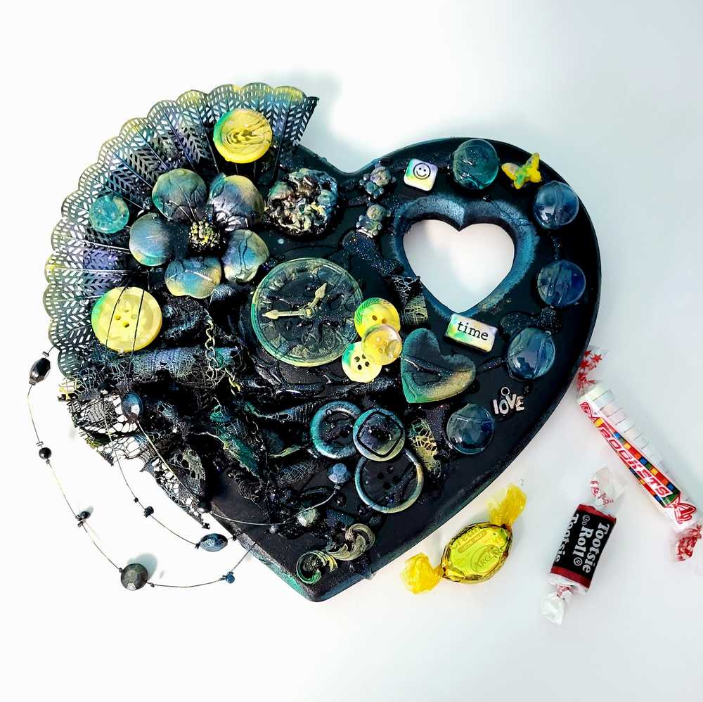 Wall Decor Wooden Heart Plaque with Teal, Yellow and Black, Punk Design