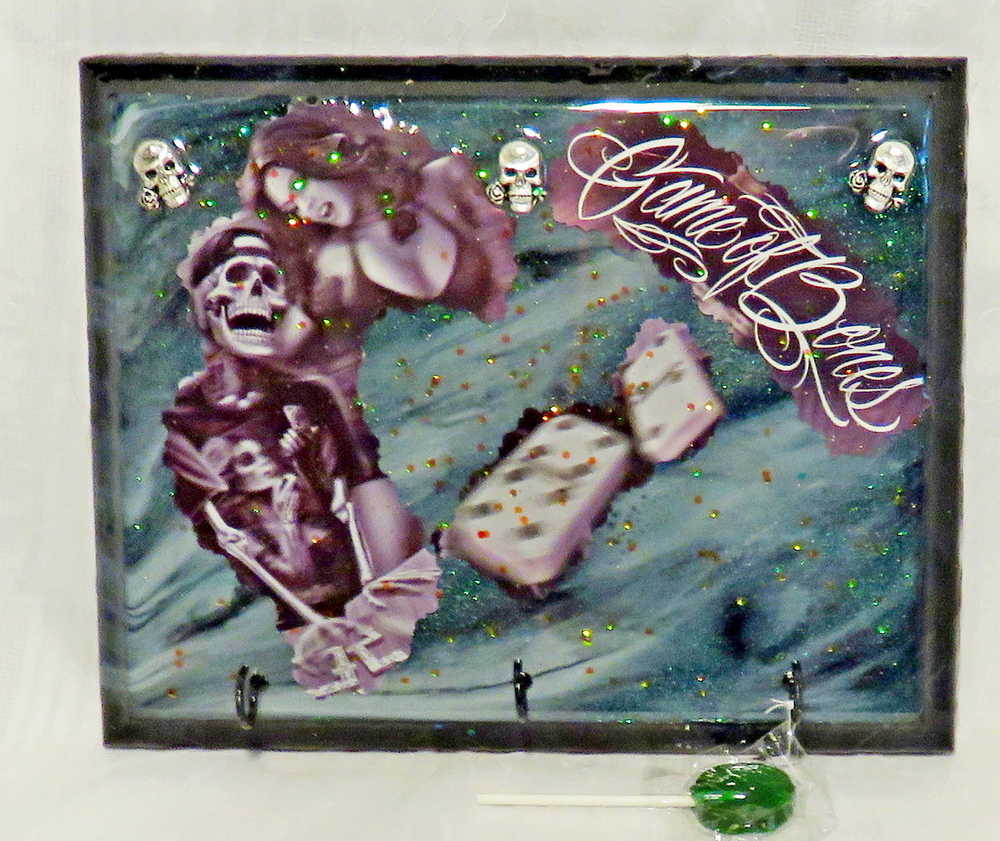 Sexy Girl With Cool Skull, Playing Dominoes on a Wall Plaque, Game of Bones, Goth Punk Decor