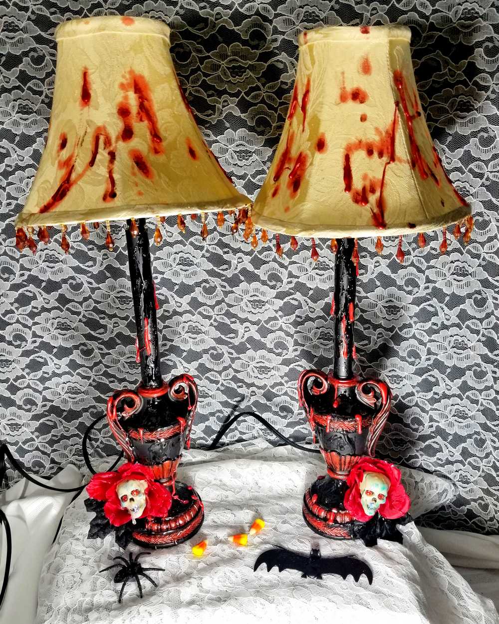 2 Lamps with Fake Blood Splattered on Lamp Shade, Skull Head in a Red Rose