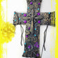Black Cross With Skulls and Gears in Purple and Teal Rhinestones