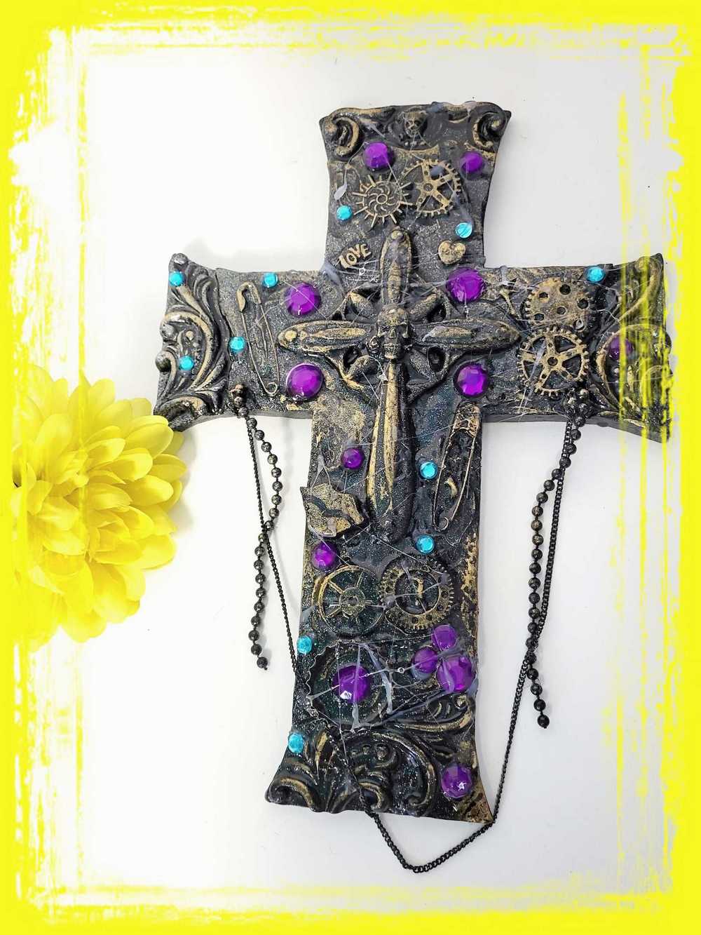 Black Cross With Skulls and Gears in Purple and Teal Rhinestones