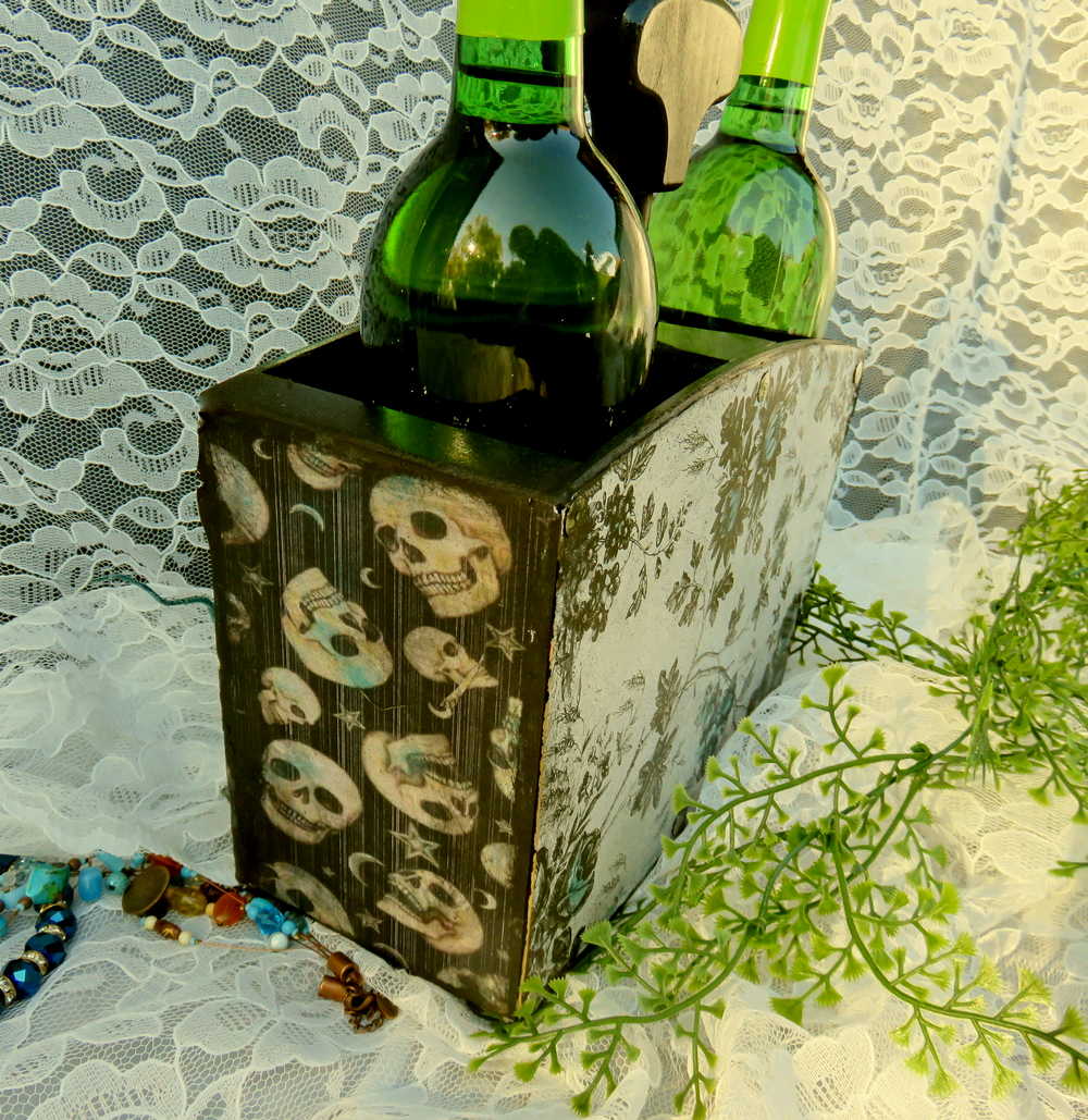 Double Wooden Wine Box, Carrier, Holds 2-750ml Bottles, Has a Skull Wearing a Cowboy Hat