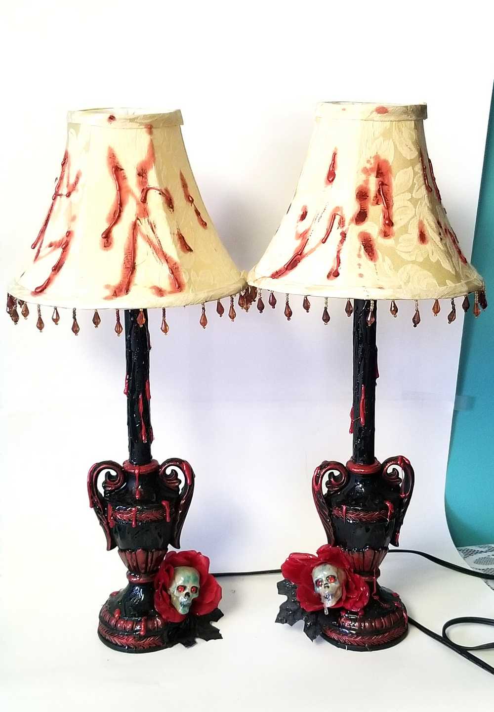 2 Lamps with Fake Blood Splattered on Lamp Shade, Skull Head in a Red Rose