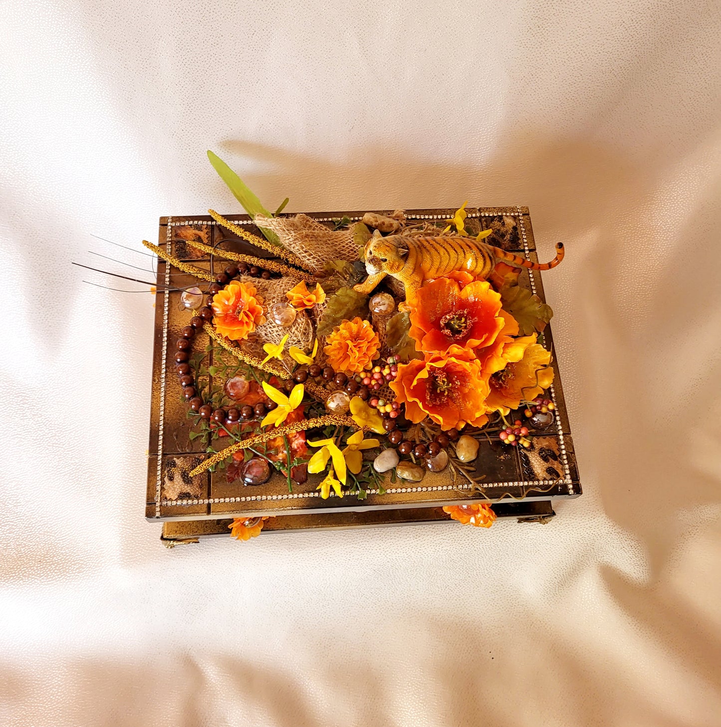 Jewelry Box with Orange & Yellow Flowers and a Tiger, Safari Themed