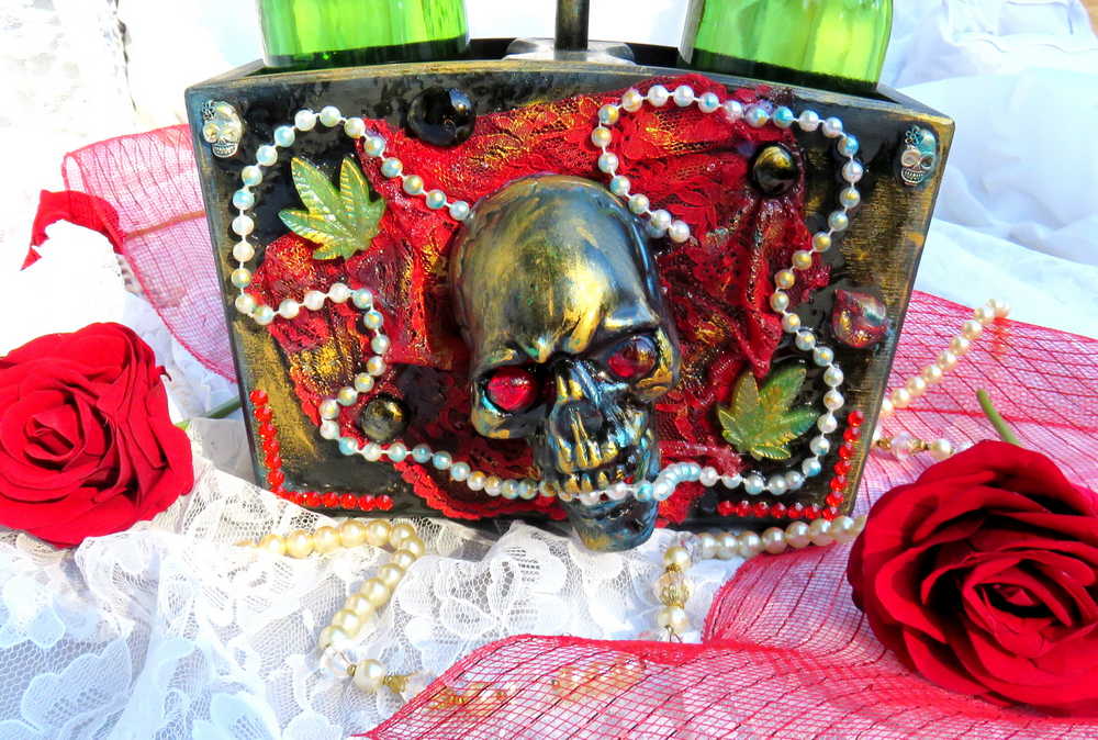 Double Wooden Wine Box, Carrier, Holds 2-750ml Bottles, With Skull and Red Lace