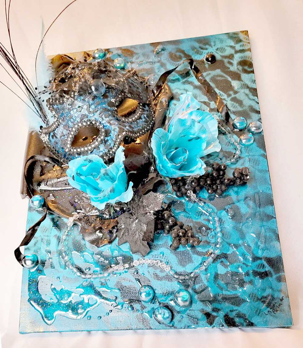 3D Canvas Art with Sexy Teal Blue Mask and Teal Blue Roses, 30 x 40 x 15 cm